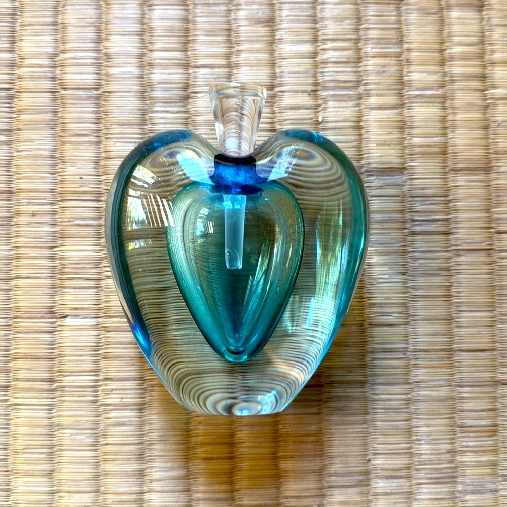 Artist Signed Heart-Shaped Blue Glass Perfume Bottle
